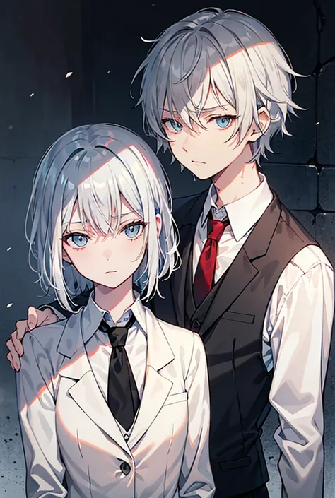 Textured skin, Highest quality, Shortcuts, Silver Hair, Light blue eyes, female,Wet Hair, Three white eyes, Bad mood, Medium Hair, Character portrait, Anime Style,Black Shirt,Black Suit,Unbuttoning,Red tie,Beige vest