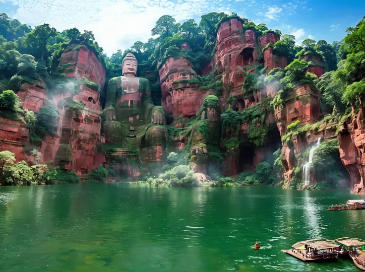 towering red and brown cliffs dotted with lush green trees，leshan giant buddha，dominating the scene, a tranquil green lake refle...