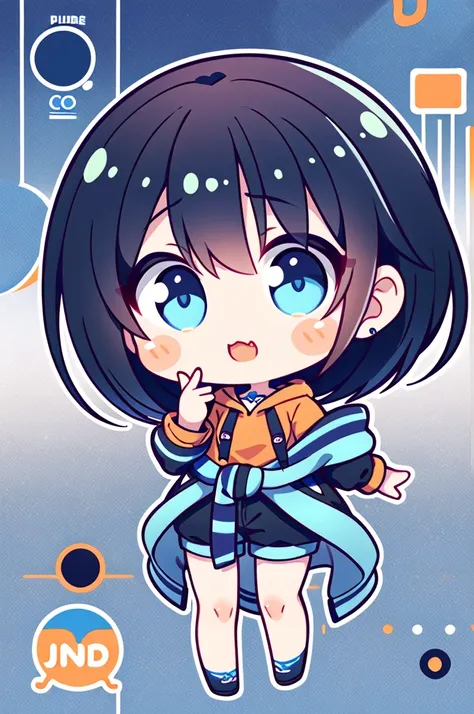 2d cute anime style sticker cute chibi girl black hair with orange and blue stripes blue eyes with a black hoodie covering from ...