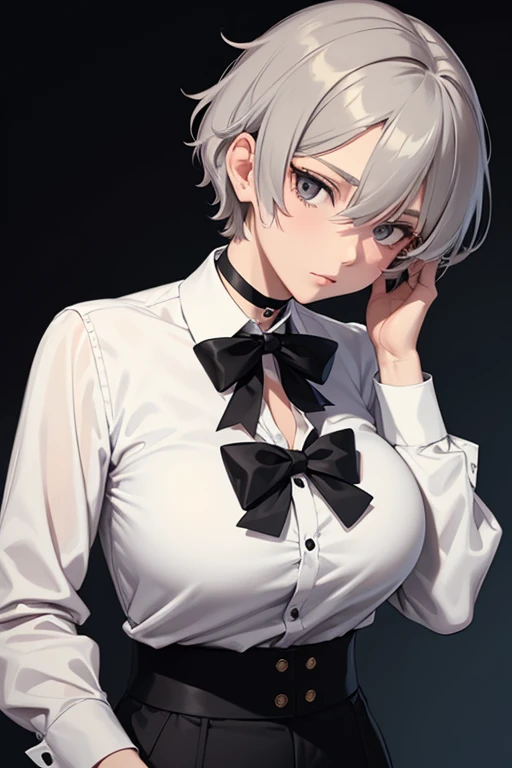 "An older Tomboy girl, her hair is short, Besides, her hair is a bit messy., dark gray eyes, with big breasts, with a white long sleeve shirt, a pair of black pants, a black bow tie, and a choker on her neck". 