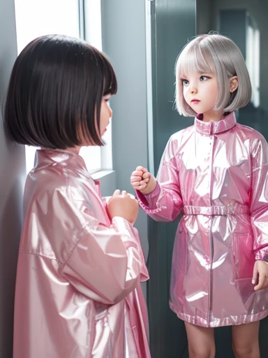 live-action　female kindergartener　Silver Bob Cut　Pink shiny raincoat　Pink Room　Rubber Dress　mirror　Two people staring at each other　Cat&#39;s Tail