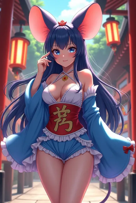 Please draw a Japanese shrine maiden mouse girl in an anime style with a shrine in the background, tall, model-like, smiling, with big breasts, wearing a miniskirt, revealing blue Japanese shrine maiden-style clothing, and in a dynamic pose.。Please draw he...