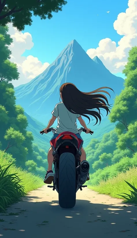 Back view of a girl riding a motorcycle､With her hair fluttering､Ghibli scenery surrounded by forest､I can see the mountains in the distance､Fantasy