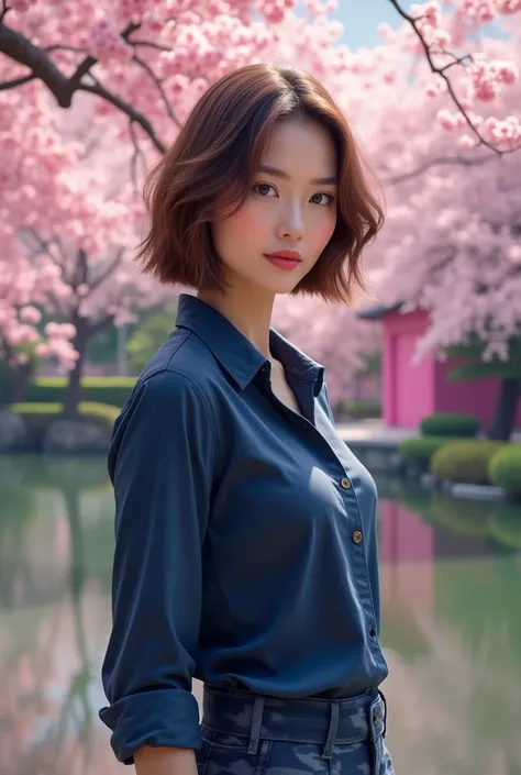 Realistic , beautiful woman 35 years , bob cut brown hair, wearing indigo shirt and dark blue camouflage trousers ,standing in front of lake, pink cherry blossom, pink building