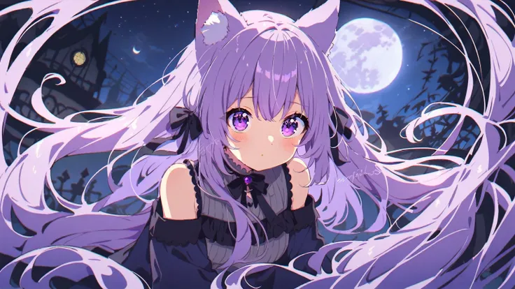 Very long hair、Bright colors、Light purple hair、Wolf ears、Girl、Gothicta、Purple Eyes、Looking up、Shoulders exposed、blush、一人のGirl、Night Sky、moon