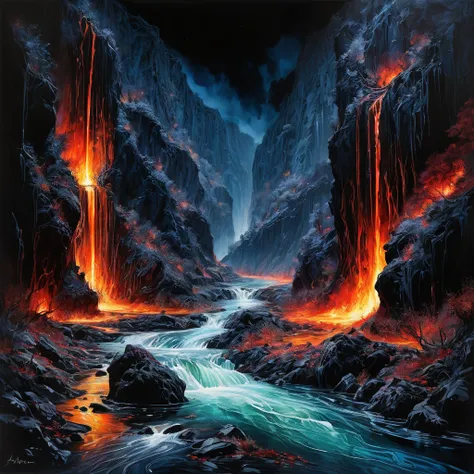 fusion of acrylic and watercolor paintings, finger painting artwork, Acheron River, King of Hell Hades, Journey to Hell, Landscape Painting, dark fantasy, glossy effects, delicate and dynamic textures, contrasts of light and shadow, 2.5D, artistic photogra...