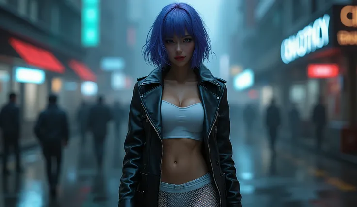 30 yo,realistic hardboiled woman ,blue-purple hair,Scarlett Johansson in Ghost in the Shell,Public Security,(1 girl),realistic ghost in the shell with guns,Wearing a white Fishnet tights and long trench leather coat,(beautiful eyes:1.2),(beautiful face:1.3...