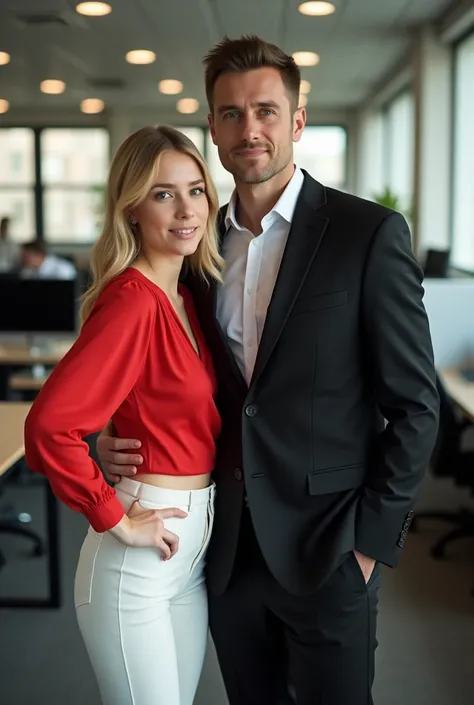 Casual, candid photo of two people in office. The layout is vertical, with the subjects standing close to each other, smiling. The first person on the left is a 50 year old man with short, brown hair, and is wearing a black suit. The second person in the m...