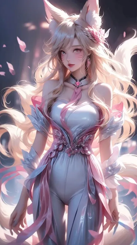 Cloud,Clouds,,Noble and elegant,Japanese nine-tailed fox girl,Long white hair flowing,Hairpin,Wearing a pink and white jumpsuit,走到Clouds樓梯中,