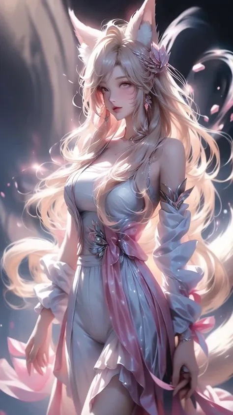 cloud,clouds,,noble and elegant,japanese nine-tailed fox girl,long white hair flowing,hairpin,wearing a pink and white jumpsuit,...