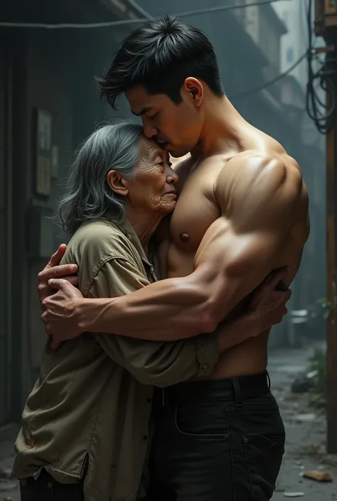 Handsome Korean man with six-pack abs takes off his clothes and hugs a dirty old beggar woman.