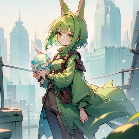 (long Green rabbit ears), green animal ears, (1 girl), green hair, green eyes, bob cut, thin eyebrows, smiling, young, alone, Lolita, childhood, child, short, overall, coat, long boots, red hood, wide pants, harness, fingerless globe, belt, waist pouch, in...