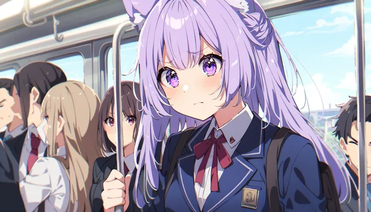 A girl in a blazer uniform on a train,  　A girl with long lavender hair, wolf ears, and purple eyes.　、Onlookers around、whole body、crowded train、Troubled expression、Have a student bag、Male salaryman