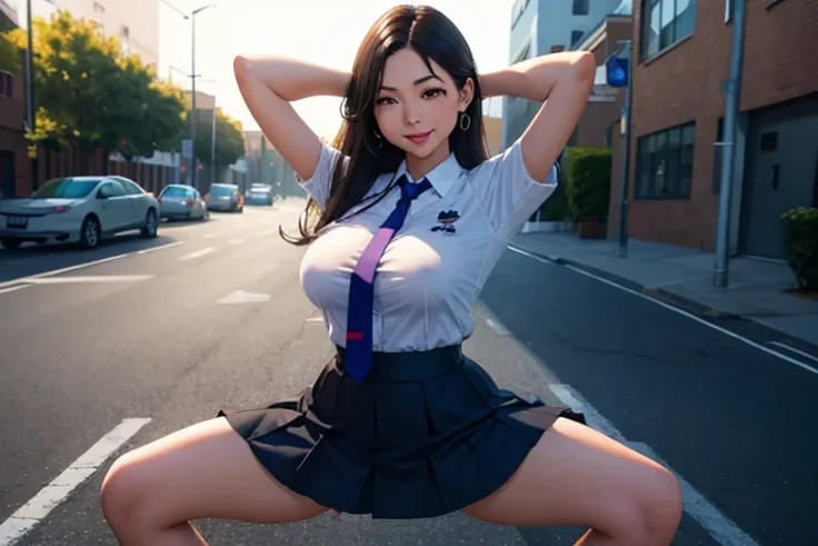 1woman,big breast,thick tigh,perfect body,school uniform,white collared shirt,navy skirt, necktie,smile,ahegao,(spread legs stan...