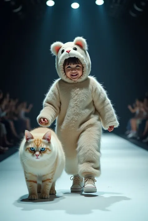 “A video clip of a  dressed as a furry animal walking next to a cat with big blue eyes.. Baby smiles sweetly, cat calmly walks beside him on fashion runway. The lighting is dim and the scene looks like part of a children&#39;s and animal fashion show.. The...