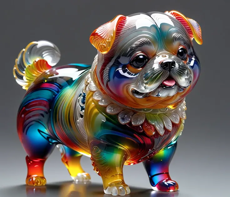 gl4ssj3m, (cute, chubby, male, dog), transparent glass sculpture, vibrant colors, done by artists such as ruan jia, highly detai...