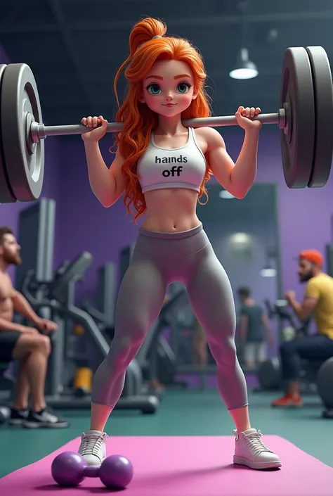 a natural, real, beautiful teenage girl with long wavy red hair tued in know above head, green eyes, slender arms, large thighs, glistening with sweat, glowing, wet, biting lip, wearing airpods, tight white gym top with "Hands Off"written in grey letters a...