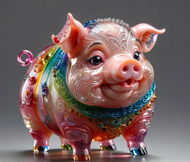 gl4ssj3m, (cute, chubby, male, pig), transparent glass sculpture, vibrant colors, done by artists such as ruan jia, highly detai...