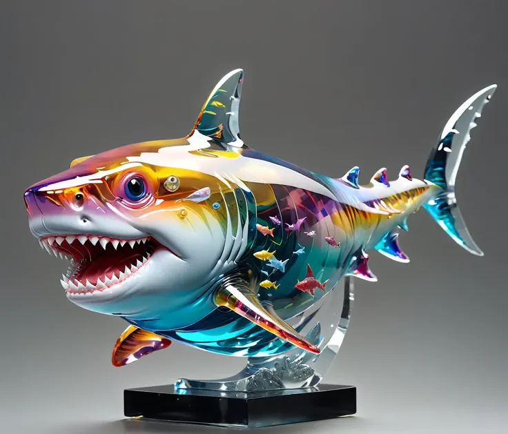 gl4ssj3m, (cute, chubby, male, shark), transparent glass sculpture, vibrant colors, done by artists such as ruan jia, highly det...