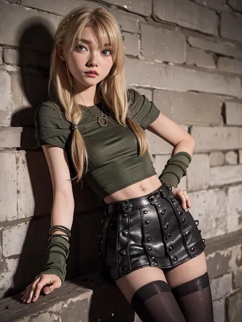 Astrid, Skinny body, small bust, mini skirt, black stockings, leaning on the wall, pose sexy