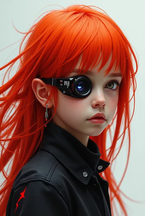 a futuristic boy with long red hair with a cyber eye