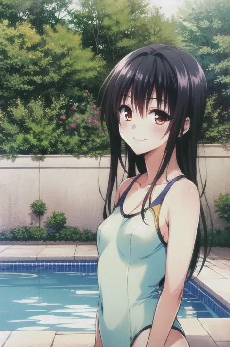 one girl,  kotegawa yui, alone, long hair,swimsuit,black hair, outdoor,  whole body, view your viewers, high resolution, masterp...