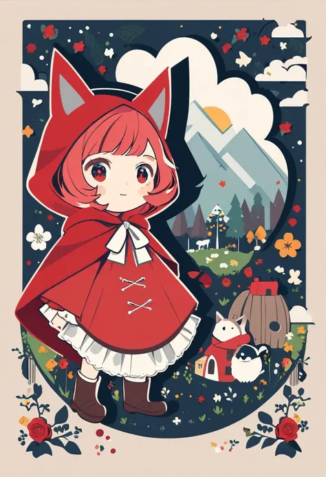 Postcard Design, The Story of Little Red Riding Hood, Flat Design, Vector illustration, Graphic Illustration, Detailed 2D illustrations, Flat Illustration, Digital Illustration, Digital Art,