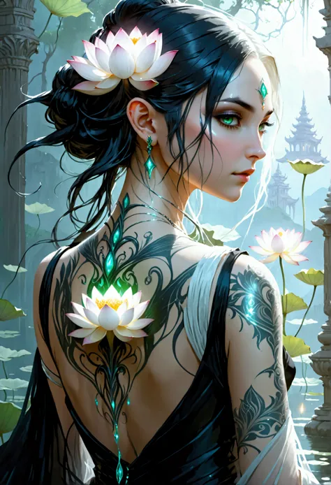 Arafed, Dark fantasy art, fantasy art, goth art, a picture of a tattoo on the back of a female elf, a glowing tattoo of a ((white lotus: 1.3)) on the elfs back, the ((lotus 1.3), she wears a transparent black dress, the dress is elegant, flowing, elven sty...