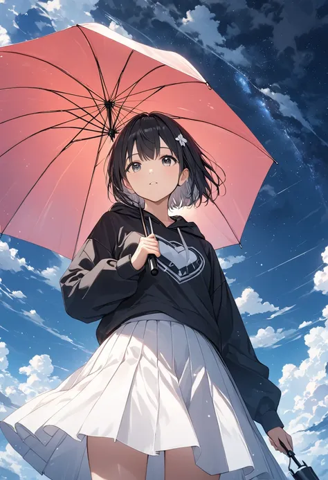 anime、((Amazingly absurd)),(masterpiece:1.2),超High resolution, Attention to detail, high quality, High resolution, 最high quality, 4K, 8k、Girl holding an umbrella、Inside the umbrella is space、mysterious、Dark sky with thick clouds、after a heavy rain、Sunshine...