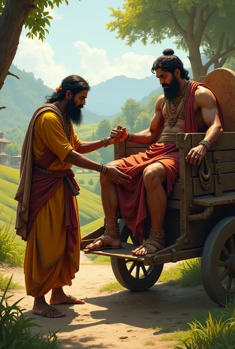 "The Teli (oil maker) showing kindness to the injured and bound King Vikramaditya, helping him onto his cart, with a backdrop of rural scenery."