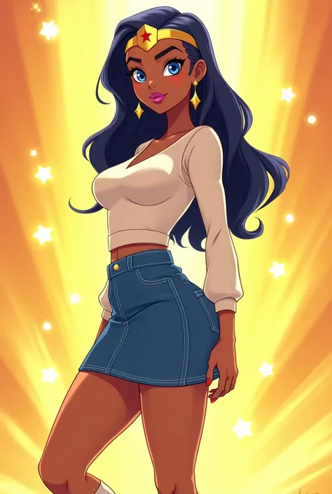 ((Diana Prince from DC Super Hero Girls 2019)), Diana is a slender, beautiful and tall and tan-skinned young Amazonian demigod with an athletic and fit hourglass figure, thick black eyebrows, sky-blue eyes and long, wavy, classic-length navy-blue hair with...