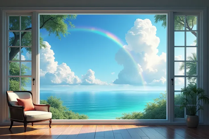 Stylish room、Blue sky from a large bay window、cumulonimbus、rainbow、You can see the emerald green sea、