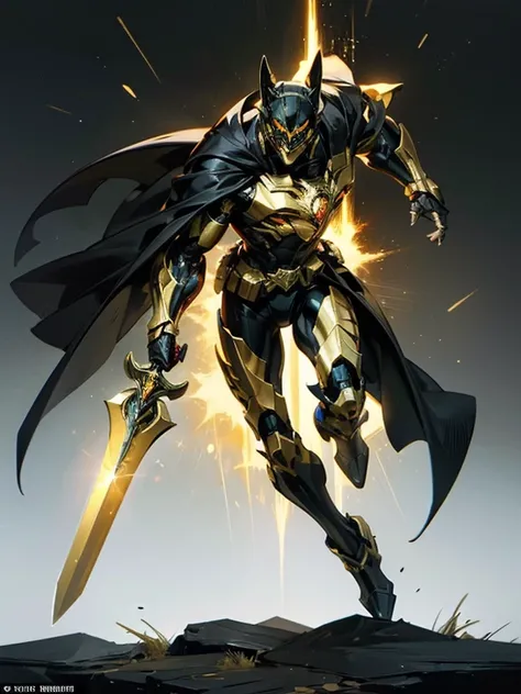 Jet black armor with golden accents１cut　Black bodysuit　A black cape with gold decorations　A full-head black helmet modeled after a black wolf with golden glowing eyes.　City in the Wilderness　Carrying a large sword and running