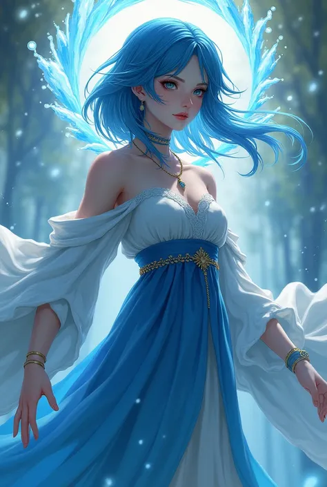 girl, tight robes, legs, lush, serious, ((Best quality)), (masterpiece), Blue hair, mid-back length, with a necklace and a blue and white dress, a halo of water above the head, nsfv, difficult, a high resolution, modeling, (the wind ruffles their clothes a...