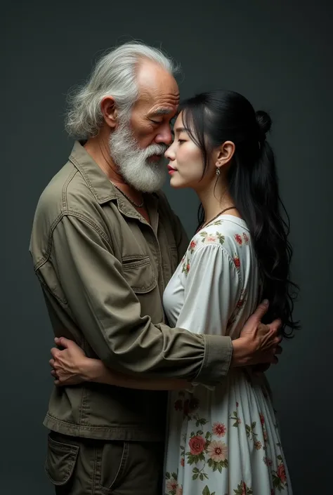 (Hairy old dirty old man with torn clothes 90 years bearded),(Holding her from behind and talking in her ear, wearing floral dress, 40k, Cinematographer, masterpiece, The best quality, dark gray background, (1girl bbeautiful korean woman ), slim body,), (O...