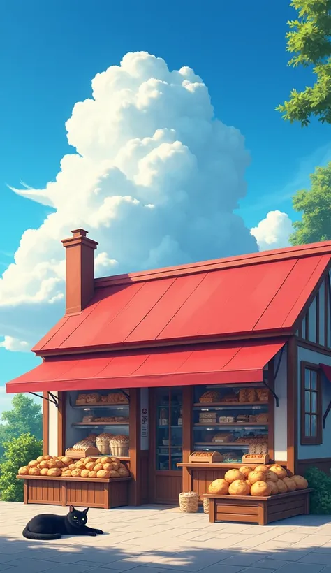 Red roof bakery、Many breads are sold、Dazzlingly bright blue sky、Clear blue sky、Large cumulonimbus cloud、Cute black cat lying down、Realistic、Highest quality, Ultra high definition, High resolution, Dazzling Sun