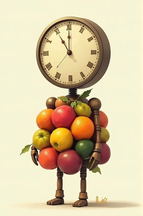 Create a drawing, clock head, fruit body with armless human,wooden legs,two-dimensional drawing 