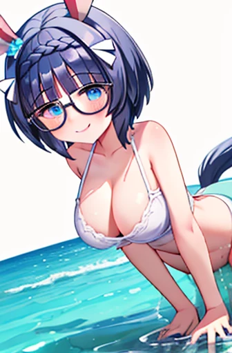 Zenno Rob Roy(umamusume), Highly detailed face, masterpiece, Highest quality, A light smile, blush, wave hands, ((Highly detailed face)), Slender girl, whole body, (((In underwear))),Horse tail, A light smile, Beautiful and clear eyes,Glasses (Big Breasts)...