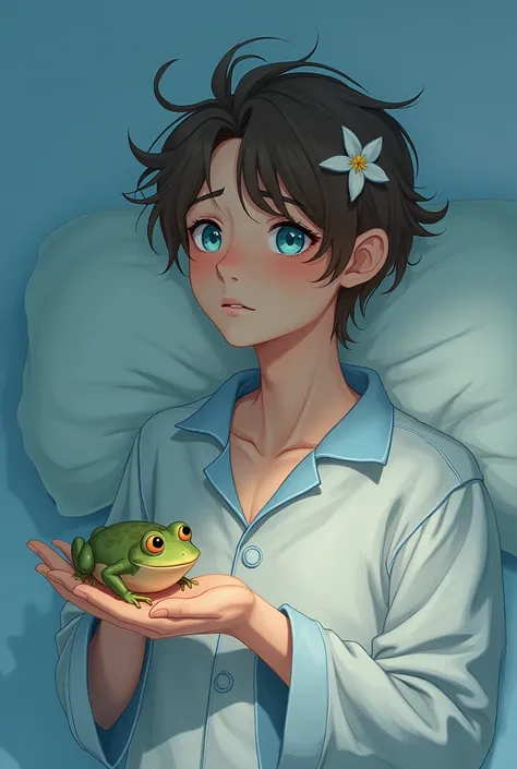 Create a 2D guy picture, who is very tired and wants to sleep. Make the background uniform, blue eyes, medium length brown hair, he is in pajamas, and a flower in her hair, a frog in the hand