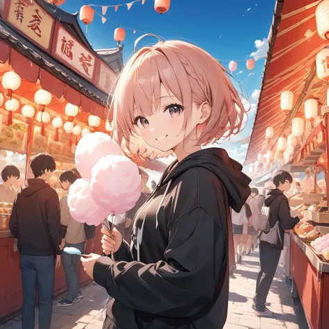 anime、((Amazingly absurd)),(masterpiece:1.2),超High resolution, Attention to detail, high quality, High resolution, 最high quality, 4K, 8k、Girl holding cotton candy、Cute Characters、Trying to hand over pure white cotton candy、smile、Festivals、Lots of food stal...