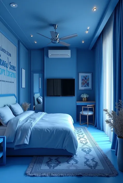 A blue colour themed bedroom,a. Big bed, a big mirror,ac on wall, a big tv, a text on wall (GANESH SEEMA) in vibrant colour 