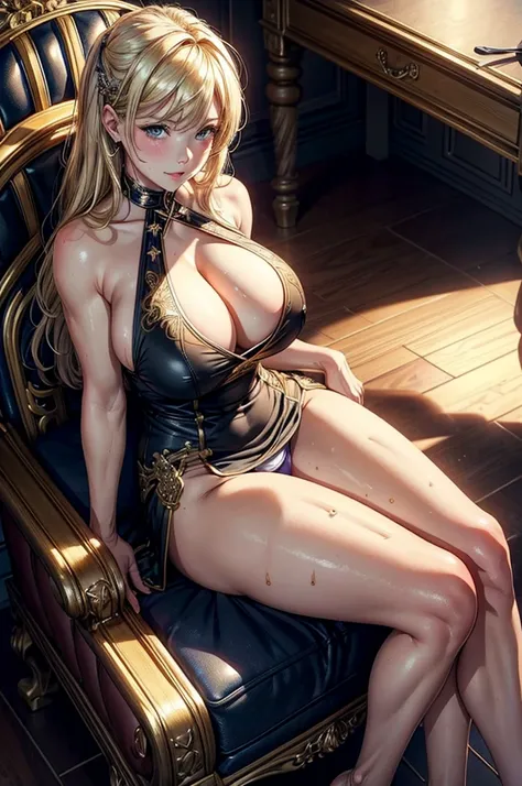 8k,best quality,high resolution,masterpiece,ultra detailed,studio lighting,Solo woman,blonde hair,sweaty,(huge breast,0.9),(thick tigh:0.9),perfect body,,sitting on throne,open leg,dress,pussy,(pussy juice),elegant grin,front view