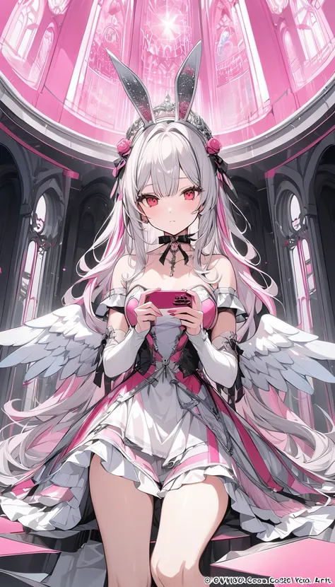 ,playing mobile game々）vtuber, sexy innocent beauty, rose shaped choker, (masterpiece, highest quality), official art, beautiful and aesthetic: 1.2), (1 girl), very detailed, (pink screen art: 1.3), silver red colorful, silver long hair、bunny ear、 whole bod...