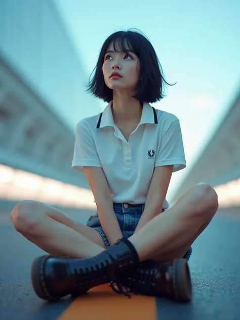 from below, Japanese woman, pretty face, bob hair, background blur, background is future road, motion blur, chromatic aberration, knee high, upward glance, motion blur, Photo_Curly, real,  Fredperry polo shirt, white tank top,  denim short pants, Dr.Martin...