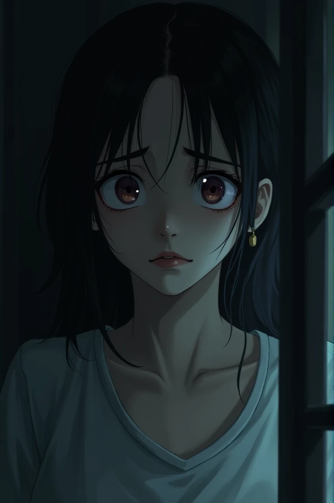 A close-up of Riya’s fearful face as she hears a tapping noise near the window. The room should be dark, with the source of the noise not visible but creating a sense of tension.