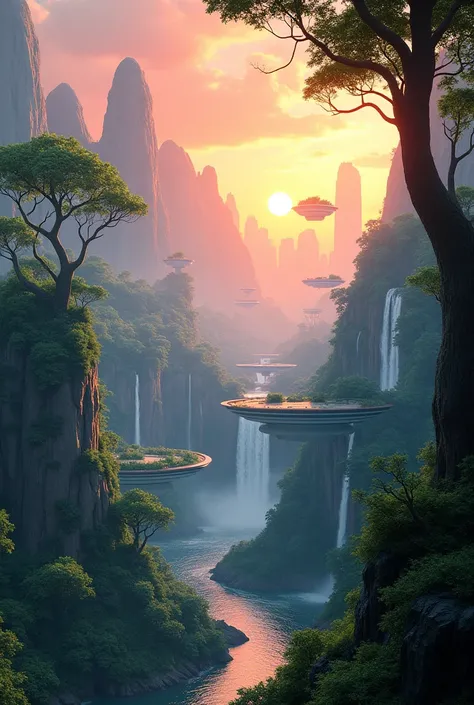 Futuristic landscape with a forest and a river at sunset with several waterfalls in the background 