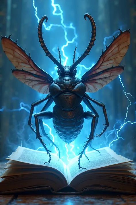 Big fantacy bug with long horn and spiky wing come out from a book with blue light spark and flash. 