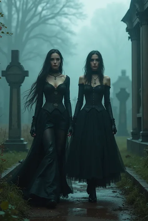 Cinematic, Vampire slayers, walks in an Gothic cemetery at night wearing a gothic steampunk fashion dress, fog and rainy condition, ghostly atmosphere, 1800s, (high skin detail: 1.2), ultra-detailed, photo-realistic, depth of field, cinematic lighting, IMA...