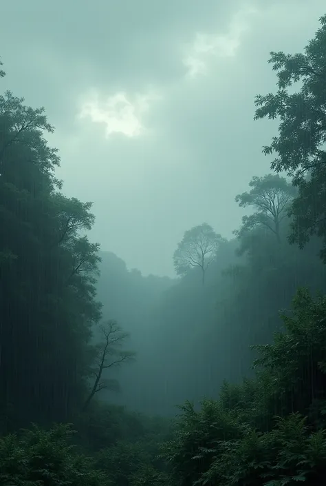 One smokey grey tone sky. Rainy season. Behind one forest. Hd and realastic