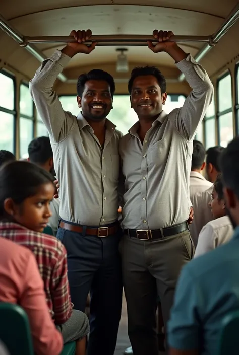 Side view of  a 2 sri lankan men wearing long sleev slim fit check shirt with trousers and square buckle belt standing in the bus raising hands and  holding the bus bar above their heads and traveling. A girl sitting next to the boys looking at the boys in...